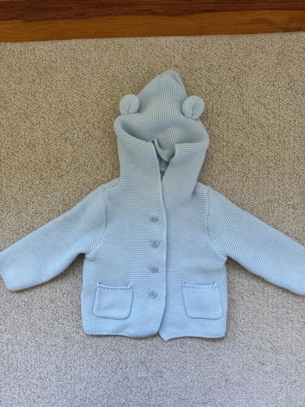 Gap 12-18m light blue knit Bear cardigan with hood ear accents and buttons